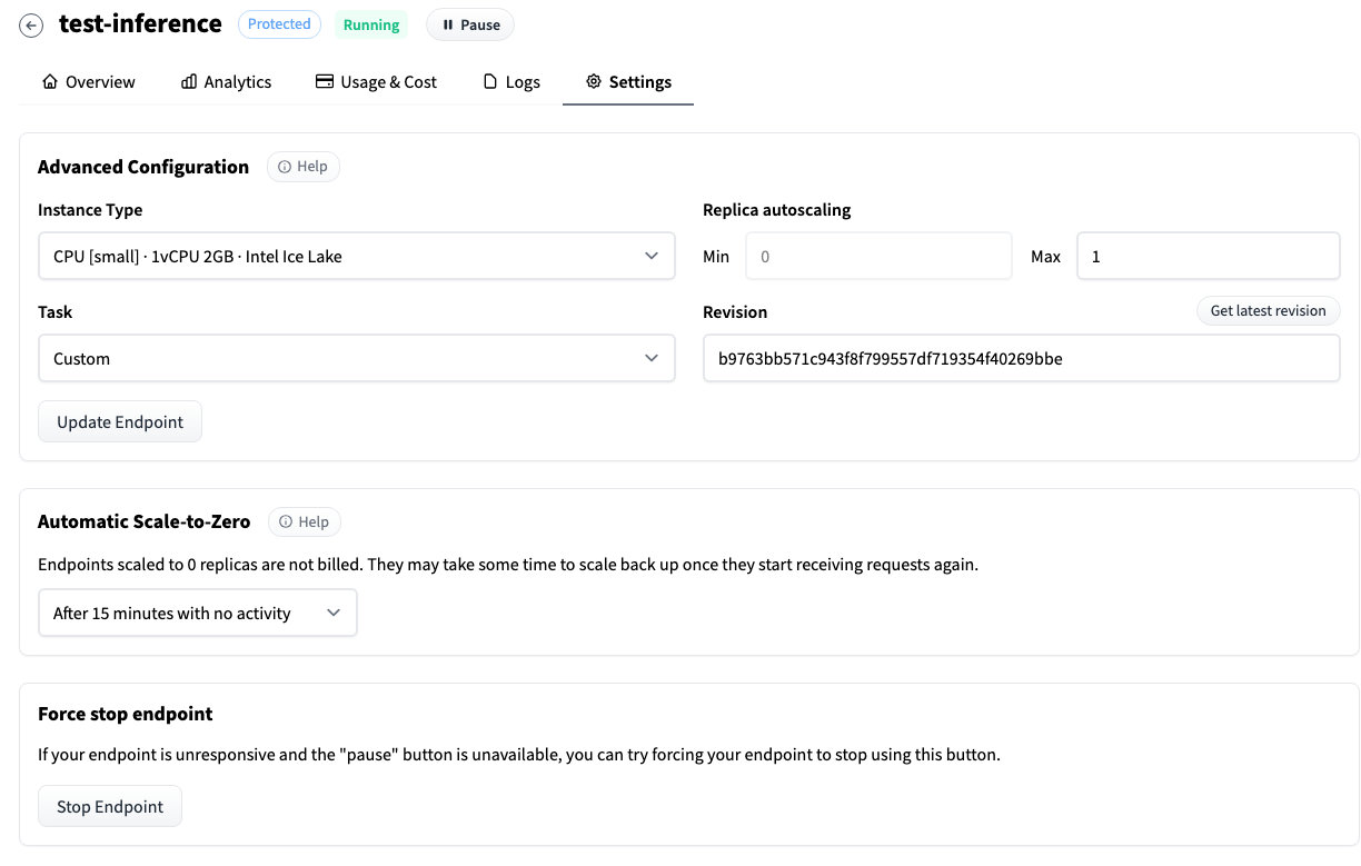 Inference Endpoint Settings